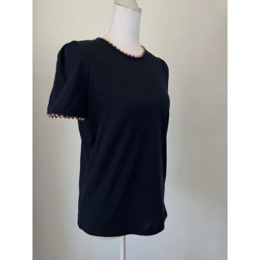 Boden Womens Size 2 Navy Pom Pom Trim Puff Sleeve T Shirt Top Colorful Casual